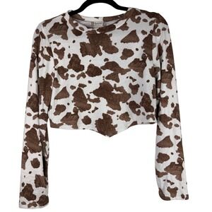 Altar'd State Cow Print Crop Top Brown White Handkerchief Hem Festival Large